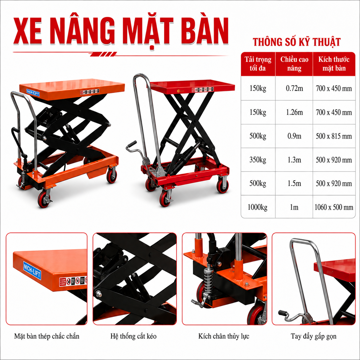 Xe nâng mặt bàn 150kg - 350kg - 500kg - 1000kg Naltako 1 xe nang mat ban pp3