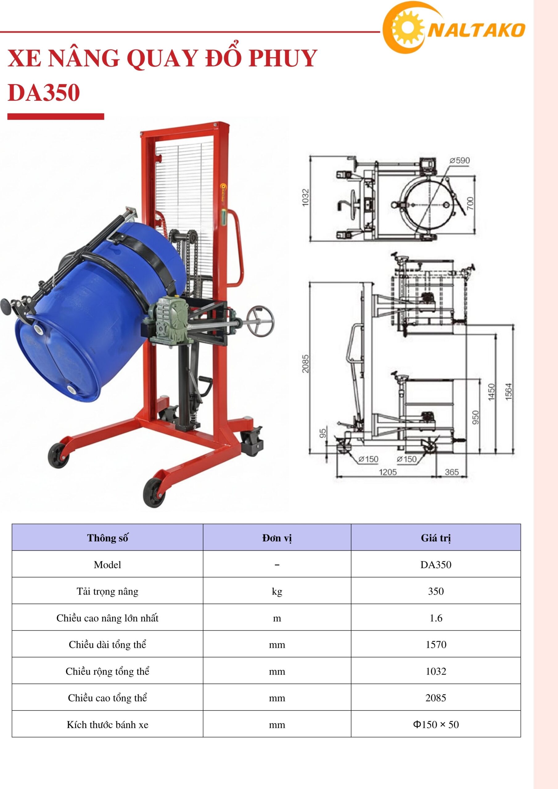 xe nâng quay đổ phuy tay cao 350kg