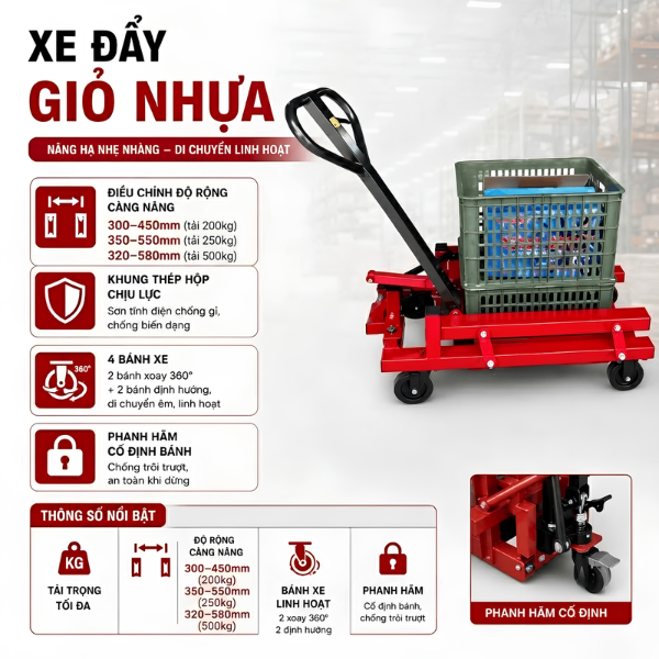 Xe di chuyển giỏ nhựa 200–250-500kg – Càng điều chỉnh